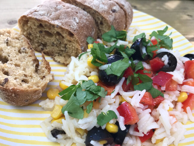 Multi-coloured picnic rice salad