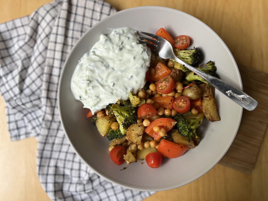 roasted vegetables tray bake with tzatziki